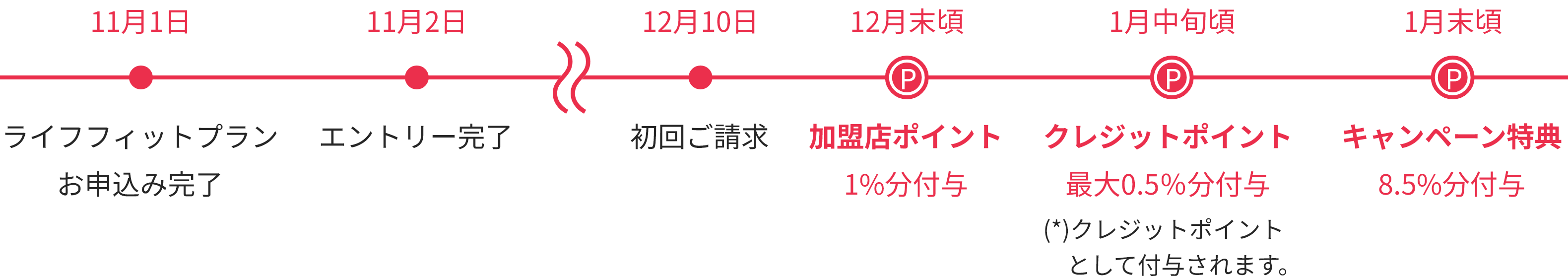 ライフフィットプランお申込み、エントリー完了後、初回ご請求からポイントが加算されるまでのイメージ